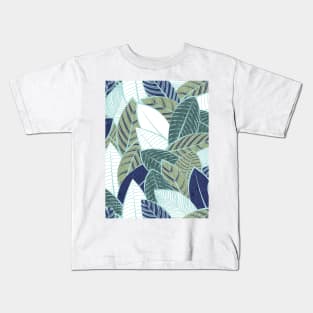 Leaf wall // pattern // navy blue pine and sage green leaves mint lines Kids T-Shirt